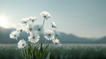 A picturesque landscape with a field of blooming flowers under the warm rays of the sun symbolizing the beauty and bounty of nature Illustration, Image, , Minimalism,