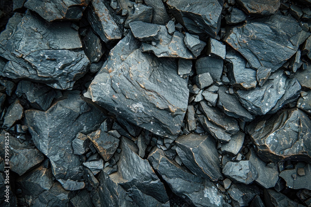 Poster a close up of a pile of rocks with a dark grey color. the rocks are scattered and piled up in variou