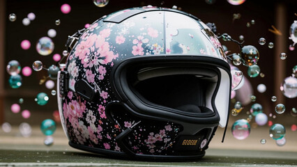 a close up of a helmet with bubbles in the background