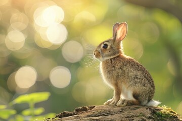 A rabbit is sitting on a rock in a forest. The rabbit is looking to the right. The image has a peaceful and calm mood