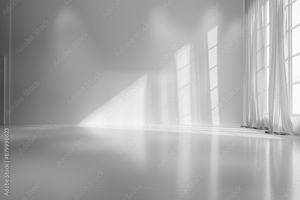 Poster a white room with a window and a curtain. the room is empty and has a very clean and simple design