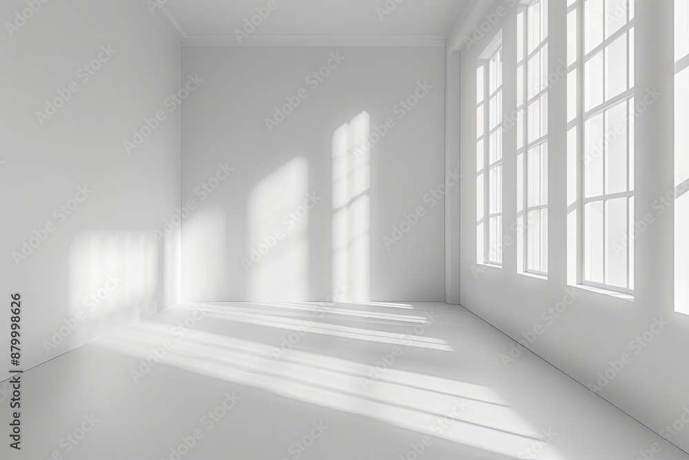 Poster a white room with a window and a white wall. the room is empty and has a very clean and simple desig