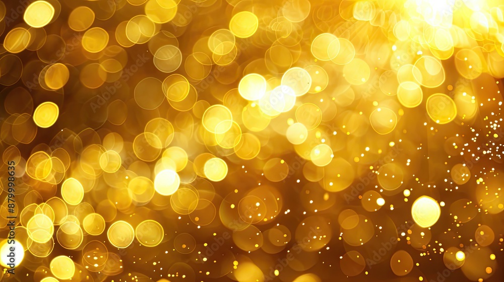 Poster a gold background with many small circles. the circles are of different sizes and are scattered thro