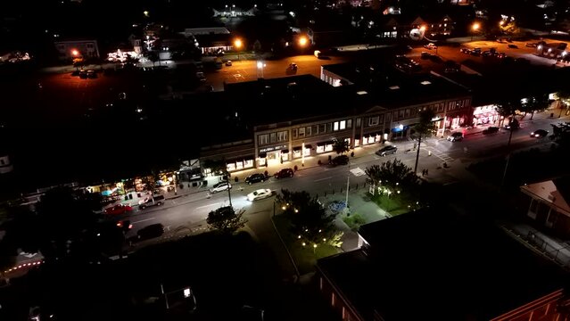 Night out at Hyannis MA, USA. 4k drone video 2024