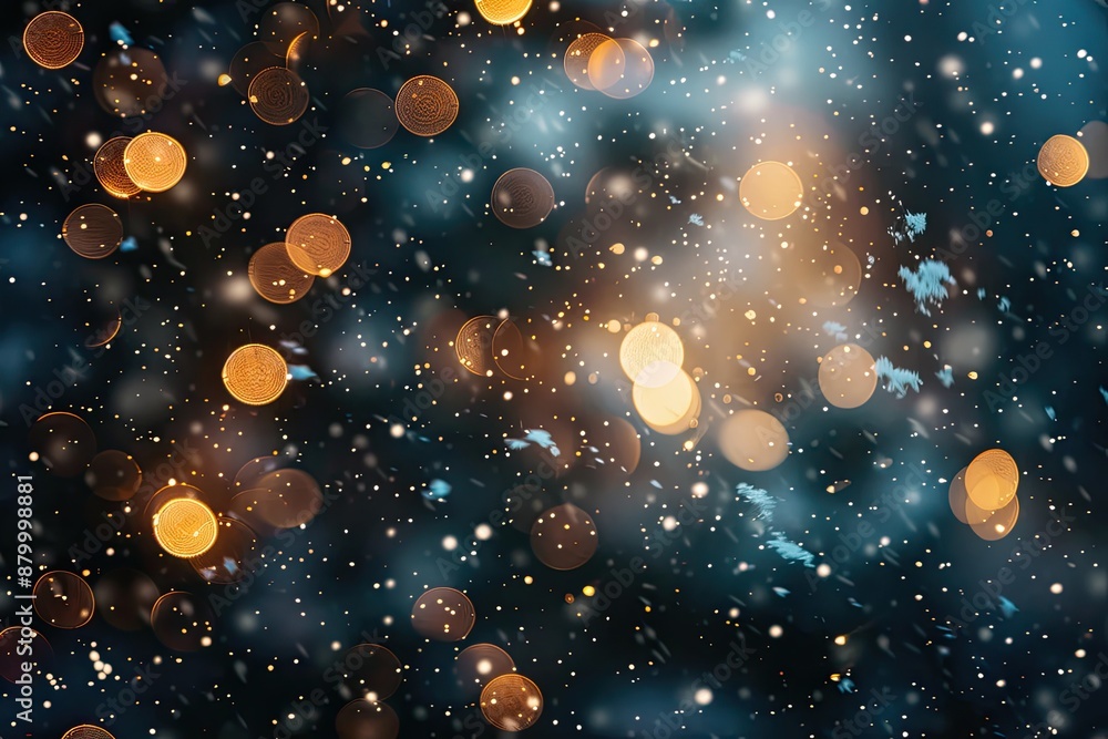 Poster a blurry image of snowflakes and lights with a blue background. the image has a dreamy and ethereal 