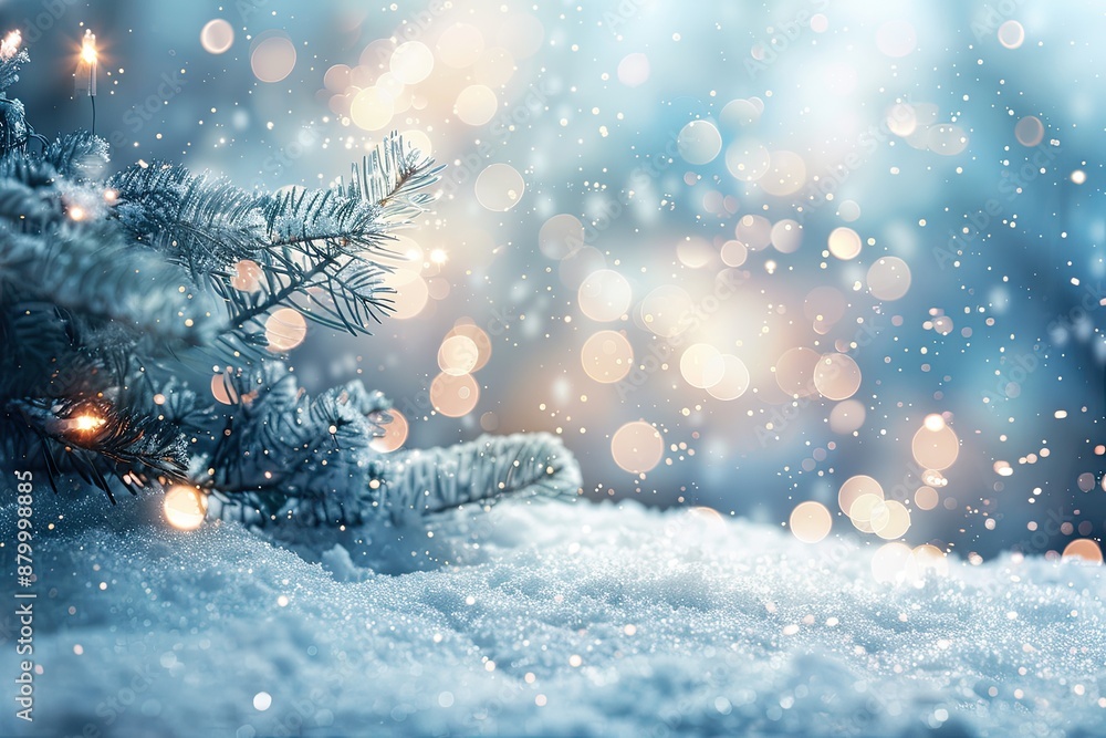 Poster a tree with snow on it and a blurry background. the image has a peaceful and serene mood