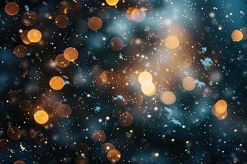 Obraz premium A blurry image of snowflakes and lights with a blue background. The image has a dreamy and ethereal quality to it, with the snowflakes and lights creating a sense of movement and energy