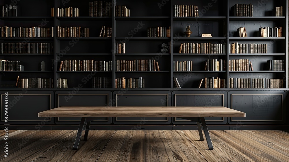 Poster a large library with a wooden table in the middle. the table is empty and surrounded by many bookshe