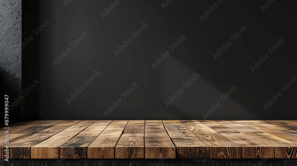 Poster a wooden table with a black background. the table is empty and has no objects on it. scene is simple