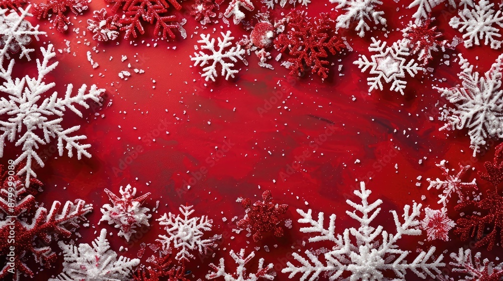 Aufkleber a red background with white snowflakes and a red snowflake in the middle. the snowflakes are made of