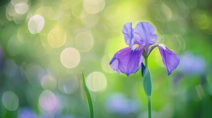 Purple iris flower in a green summer bokeh setting