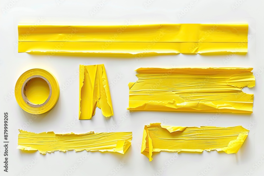 Poster A yellow tape is cut into strips and placed on a white background. The strips are of different sizes and shapes, creating a sense of chaos and disorder. The image conveys a feeling of disarray