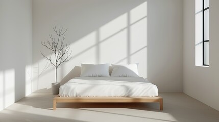 A minimalist bedroom with a low platform bed and neutral tones creating a serene and uncluttered atmosphere perfect for relaxation and rest in a modern home setting Illustration, Image, , Minimalism,