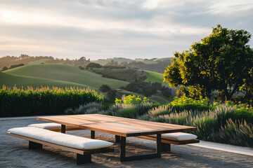 Lounge area with modern wooden furniture and views of the green hills.
