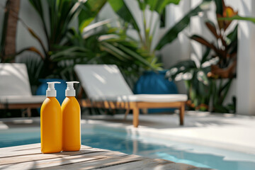 Sunscreens in yellow blank bottles with white dispensers