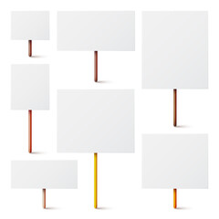 Blank white protest sign with wooden holder. Various realistic vector demonstration banners. Strike action cardboard placard mockup. Social advertisement. Vector illustration