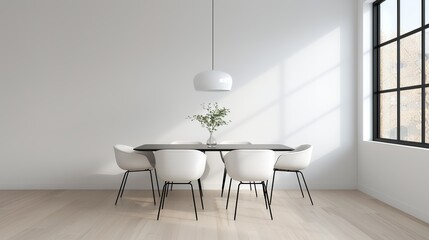 Fototapeta premium An elegant dining room with a minimalist table and chairs set against a backdrop of large windows creating a stylish and inviting space Illustration, Image, , Minimalism,