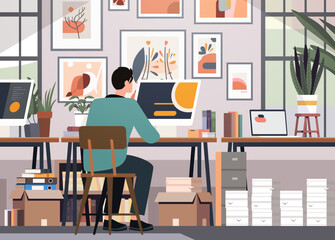 Person working at desk in creative office workspace with plants books and wall art modern interior design