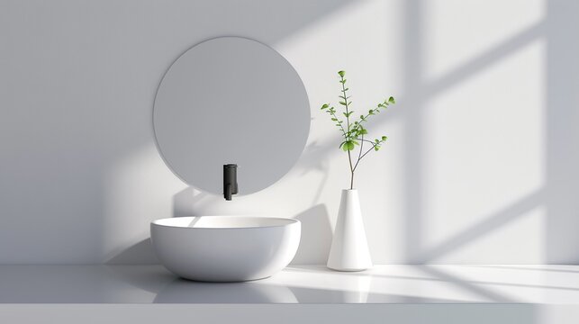 A serene bathroom with minimalist fixtures and a neutral color scheme creating a spa-like atmosphere perfect for relaxation and rejuvenation Illustration, Image, , Minimalism,