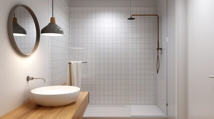 A modern bathroom with clean lines, a frameless glass shower, and minimalist fixtures emphasizing the elegance and simplicity of contemporary design Illustration, Image, , Minimalism,