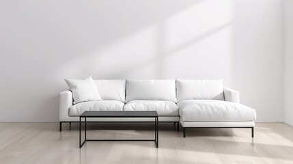 A modern minimalist living room with a sectional sofa and a low-profile coffee table emphasizing the beauty of clean lines and uncluttered space Illustration, Image, , Minimalism,