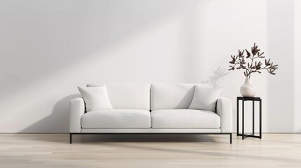 A modern minimalist living room with a clean-lined sofa and a low-profile coffee table emphasizing the beauty of simplicity and open space Illustration, Image, , Minimalism,