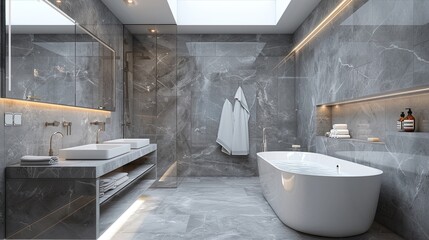 A grey marble bathroom with sleek LED lighting fixtures, a contemporary double vanity with integrated sinks, and a freestanding tub under a skylight.