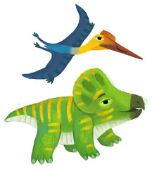 cartoon happy and funny colorful prehistoric dinosaur dino protoceratops and quetzalcoatlus pterodactyl bird flying isolated illustration for children © honeyflavour
