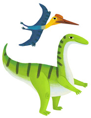 cartoon happy and funny colorful prehistoric dinosaur dino plateosaurus and quetzalcoatlus pterodactyl bird flying isolated illustration for children © honeyflavour