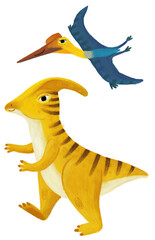cartoon happy and funny colorful prehistoric dinosaur dino parasaurolupus and quetzalcoatlus pterodactyl bird flying isolated illustration for children © honeyflavour