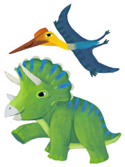 cartoon happy and funny colorful prehistoric dinosaur dino triceratops and quetzalcoatlus pterodactyl bird flying isolated illustration for children © honeyflavour