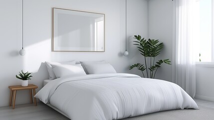 A serene bedroom with minimal furnishings and a calming color palette creating a peaceful and restful environment ideal for a good night's sleep Illustration, Image, , Minimalism,