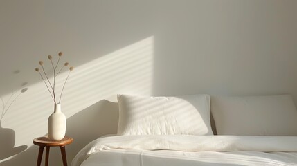 A serene bedroom with minimal furnishings and a calming color palette creating a peaceful and restful environment ideal for a good night's sleep Illustration, Image, , Minimalism,