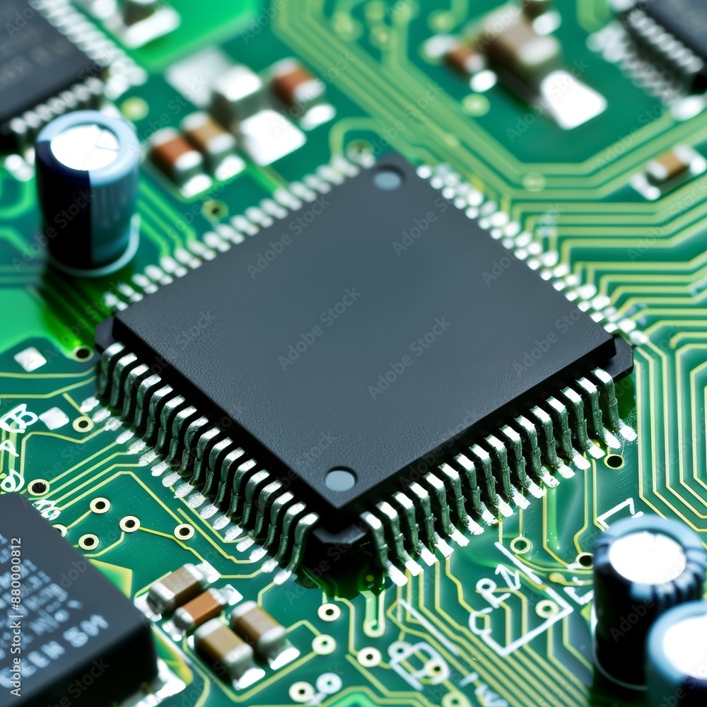 Poster ultra realistic close up of glowing computer chip circuits, showcasing intricate details