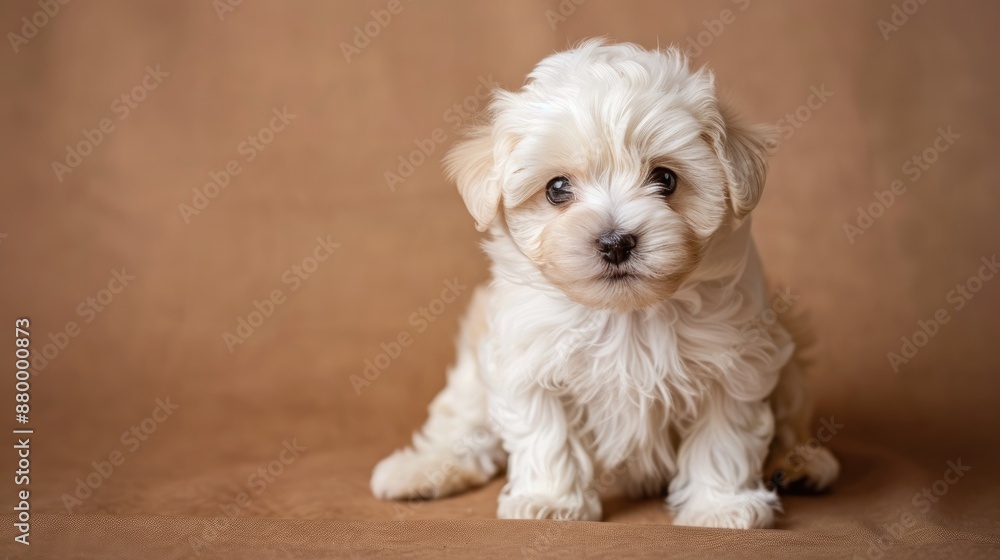 Poster Adorable Maltipoo puppy posing on brown background