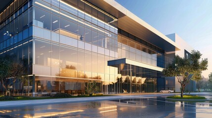 A high-end office building with an innovative architectural design, featuring reflective glass surfaces, clean structural lines, and a grand entrance.