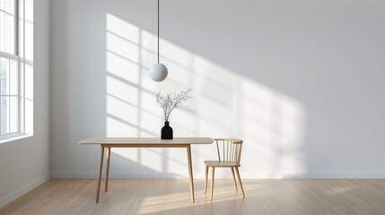 An elegant dining room with a minimalist table and chairs set against a backdrop of large windows creating a stylish and inviting space Illustration, Image, , Minimalism,