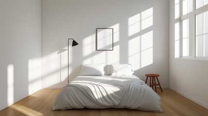 A serene bedroom with minimal furnishings and a calming color palette creating a peaceful and restful environment ideal for a good night's sleep Illustration, Image, , Minimalism,
