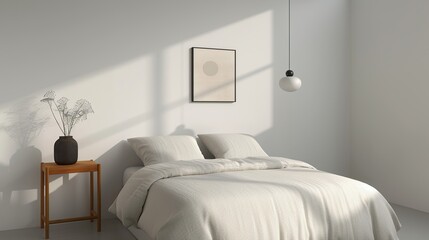 A serene bedroom with minimal furnishings and a calming color palette creating a peaceful and restful environment ideal for a good night's sleep Illustration, Image, , Minimalism,