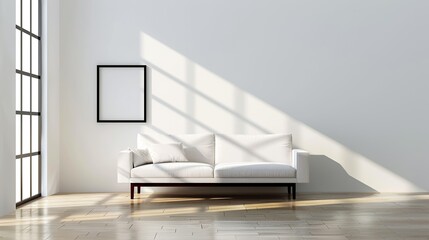 A modern living room with a minimalist sofa and a large window providing an abundance of natural light and a sense of openness Illustration, Image, , Minimalism,