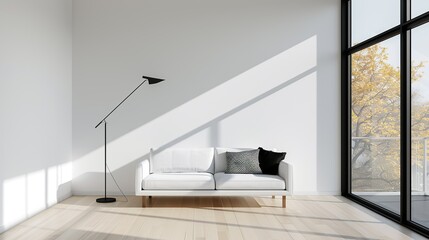 A modern living room with a minimalist sofa and a large window providing an abundance of natural light and a sense of openness Illustration, Image, , Minimalism,