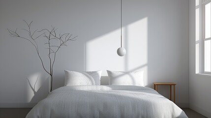 A serene bedroom with minimal furnishings and a calming color palette creating a peaceful and restful environment ideal for a good night's sleep Illustration, Image, , Minimalism,
