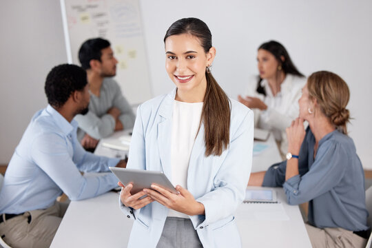 Portrait, tablet or happy businesswoman in meeting for planning project, teamwork or collaboration. Shareholders, investor or program coordinator in discussion for feedback, online review or about us