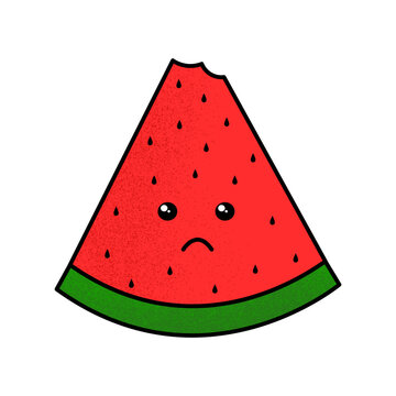 Illustration vector graphic of watermelon slice isolated on white background. Sad watermelon kawaii.