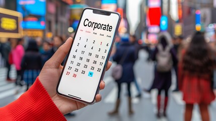 Hand holding smartphone showing  corporate event  on calendar app against urban city backdrop