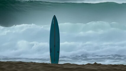 Blue surfboard floating on calm ocean waves with cloudy sky - Powered by Adobe