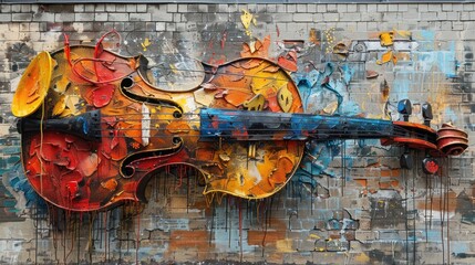 Colorful Violin Mural on Brick Wall