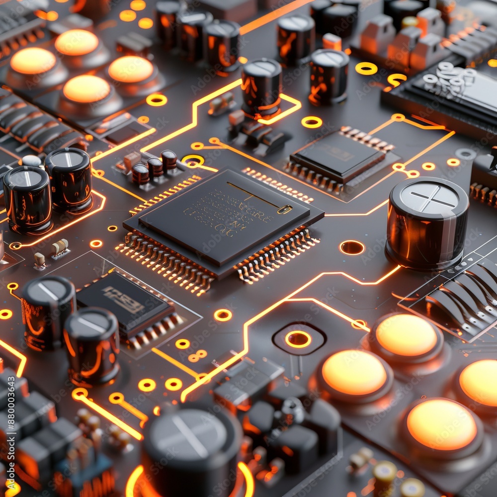 Poster ultra realistic close up of glowing computer chip circuitry with intricate details