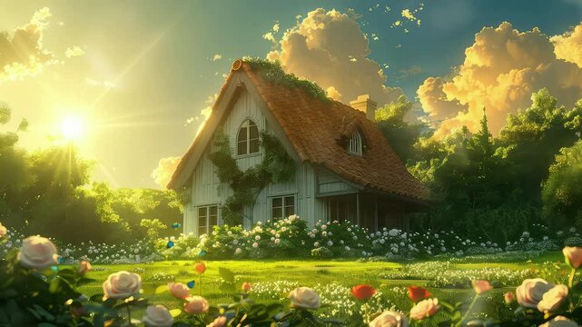 Animation Cozy cottage in a sunlit, flower-filled meadow generated with ai