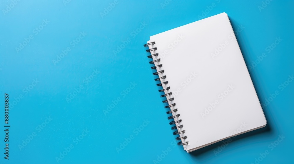 Poster empty notebook on blue surface with copy space viewed from above